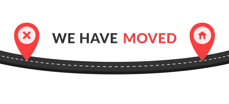 We have moved announcement banner template featuring a curved horizontal road path with red map pin pointers marking the old and new locations