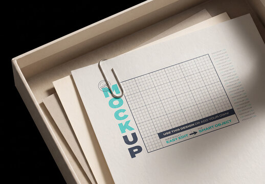 Stationery Papers Clipped Document Mockup in Box