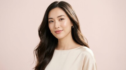 Fototapeta premium Young Asian woman smiling softly in minimalist studio portrait with natural light
