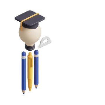 Icona 3D stilizzata che rappresenta l'istruzione con una lampadina che indossa un tocco da laurea, matite colorate e un goniometro su sfondo bianco, ideale per concetti di apprendimento.