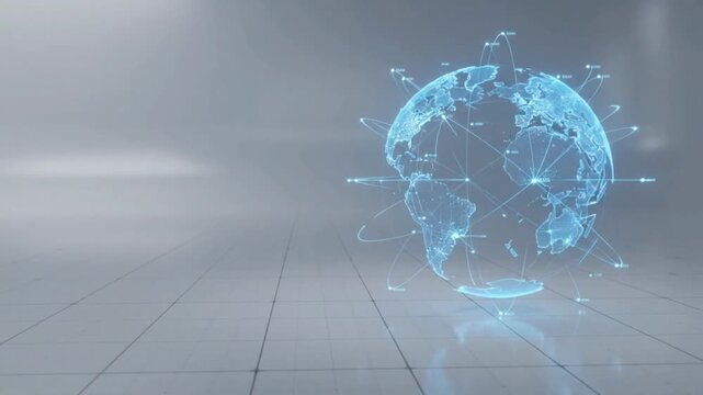 Blue digital globe with network connections and data streams on a modern abstract background
