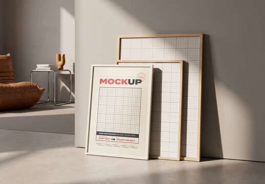 Three Frame Poster Mockup on Floor in Interior Stylish Room