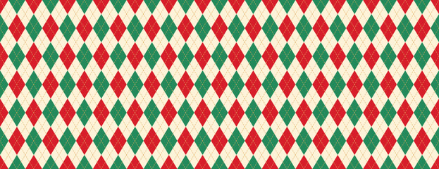 Naklejka premium Pattern plaid argyle and diamond circus background with red carnival lozenge. Xmas clown winter and texture paper check with wallpaper seamless green. Holiday pattern rhombus and harlequin. 