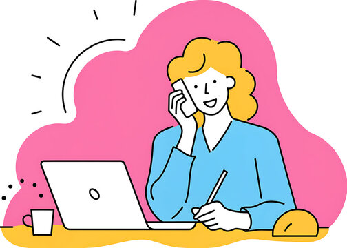 Woman working on laptop and talking on phone in a modern office illustration