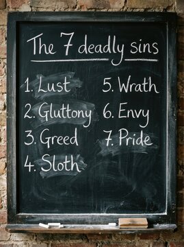 The Seven Deadly Sins List Handwritten in White Chalk on a Vintage Blackboard Against a Brick Wall Background