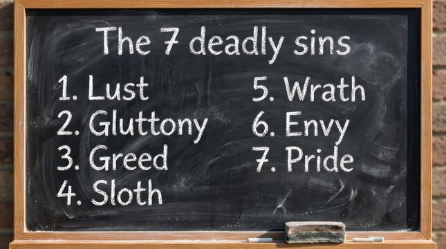 The Seven Deadly Sins List Written in White Chalk on a Blackboard with Eraser and Chalk Pieces