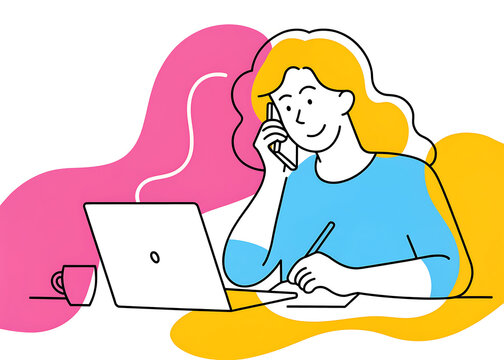 Woman working on laptop and talking on phone, flat vector illustration of remote office.