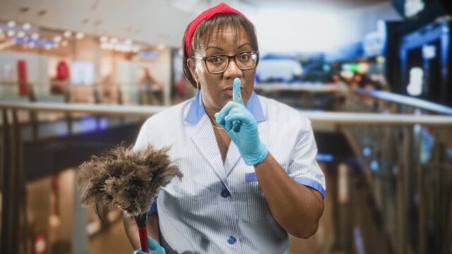 Woman cleaner in striped uniform holding feather duster with gloved hand, finger to lips for silence in airport terminal among railings and storefronts; diligence.