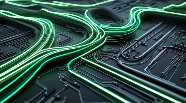 Futuristic abstract 3D digital background with sleek glowing emerald green and silver fiber optic lines forming elegant parallel waves on circuit board