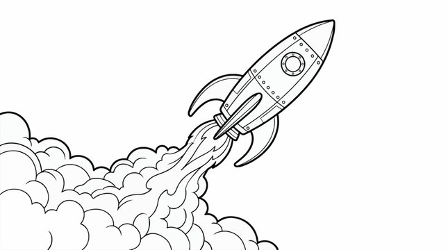 Vintage rocket ship blasting off with smoke and flames, isolated on white background, vector illustration