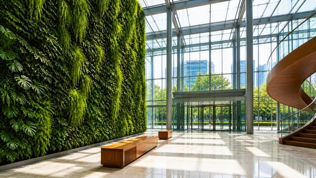 Spacious glass atrium with towering living wall, benches and sculptural staircase