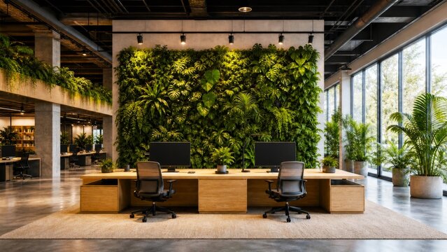 Open office desks facing a large living wall in bright industrial workspace