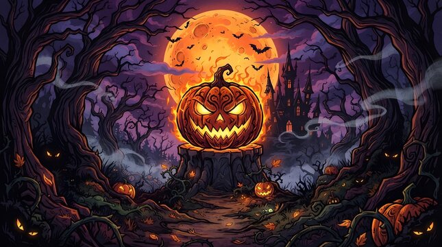 Fiery jackolantern on tree stump in dark haunted forest