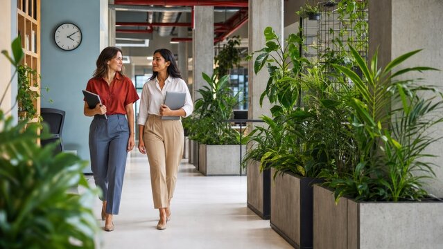 Two businesswomen walking with laptops through green office corridor