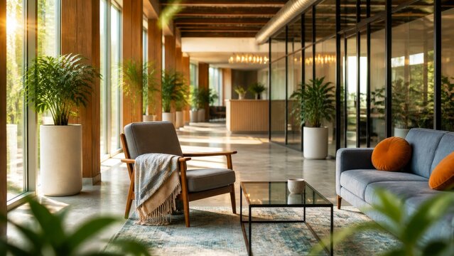 Biophilic office lounge with armchair, sofa, indoor plants and glass partitions