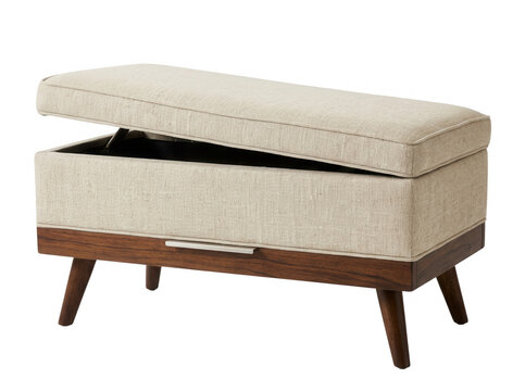 Un elegante pouf contenitore imbottito con seduta sollevabile, caratterizzato da un design moderno in tessuto beige e base in legno scuro, isolato su sfondo bianco per arredamento casa.