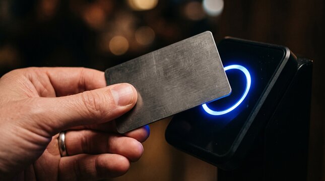 Close up of a hand holding a metal card near a glowing blue access reader for secure entry or payment . Black friday