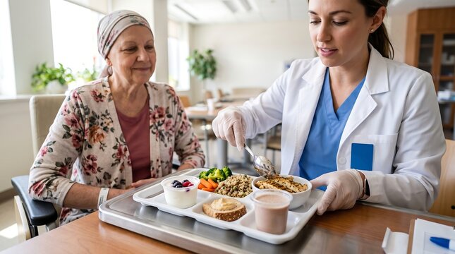 A nurse in scrubs and a white coat serves a nutritious meal on a tray to an elderly woman with cancer wearing a headscarf.