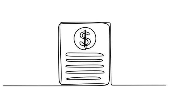 Continuous single line drawing of a document with a dollar sign symbol representing financial report or money statement Vector, illustration