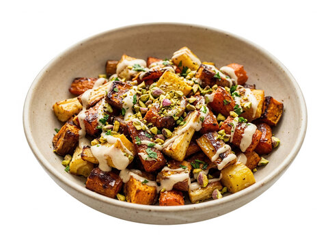 Deliziosa ciotola di carote arrosto con salsa tahina cremosa, guarnita con pistacchi tritati ed erbe fresche, servita in una ciotola di ceramica rustica su sfondo bianco isolato.