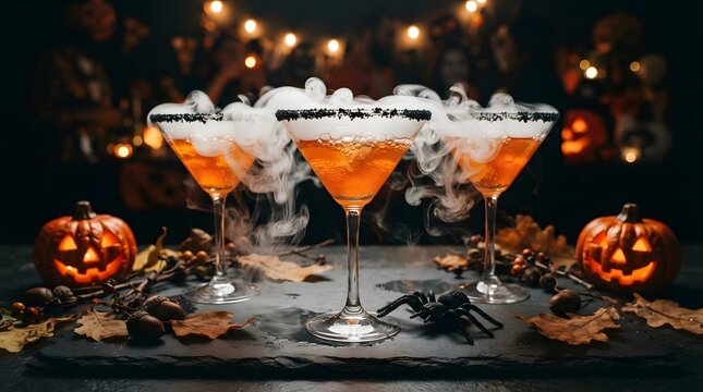 Smoking halloween cocktails with dry ice on a table