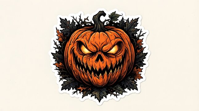 Evil jackolantern pumpkin with glowing eyes isolated on white background