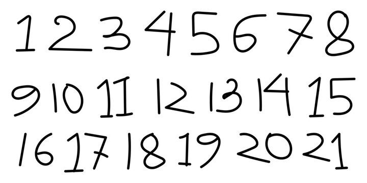 Set of handwritten numbers from one to twenty one isolated on a white background for educational design