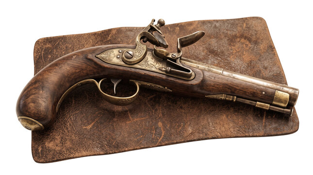 Antique flintlock pistol on weathered leather, vintage wooden handgun with brass details, historical 18th century firearm