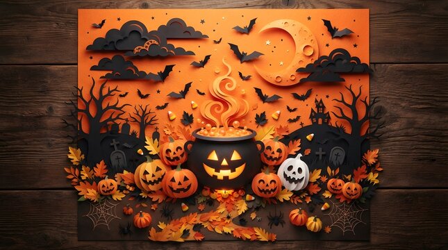 Halloween paper craft scene with cauldron pumpkins and bats