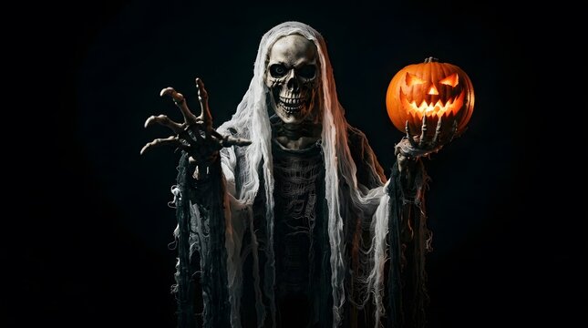 Scary skeleton figure holding a glowing jackolantern