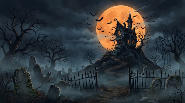 Haunted house on a hill with a full moon and graveyard