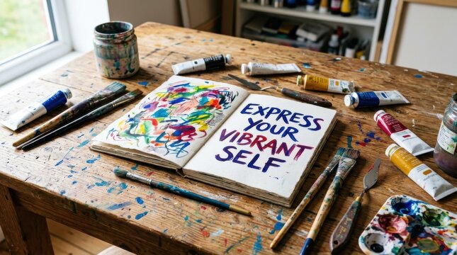 Art supplies and open sketchbook with motivational message