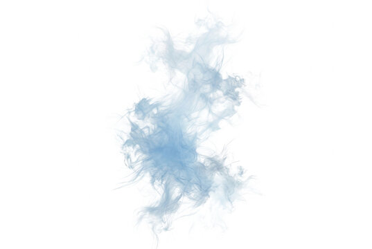 Una nuvola di fumo blu tenue o vapore che si diffonde delicatamente su uno sfondo bianco puro, creando un effetto etereo, astratto e minimalista ideale per composizioni grafiche.