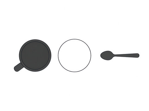 Vista dall'alto di una tazza da caff&egrave; nera, un piattino bianco vuoto e un cucchiaino disposti in modo ordinato su uno sfondo bianco pulito e minimalista per un design moderno.