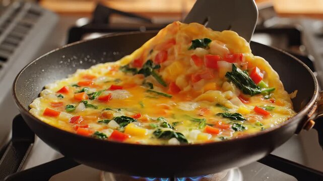 Cooking healthy vegetable omelet in frying pan on gas stove burner