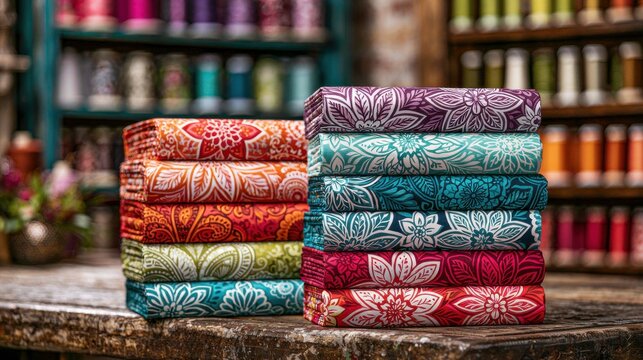 Stacks of vibrant floral patterned cotton fabric rolls