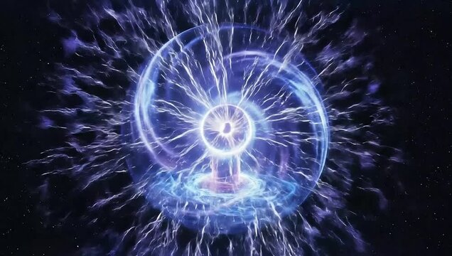 Plasma Orb Power: A mesmerizing plasma ball emits vibrant blue electrical discharges, creating a captivating display of energy and light in the darkness.