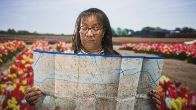 Woman holding map and looking puzzled, glasses on, standing among tulip rows beside a distant building; travel confusion.