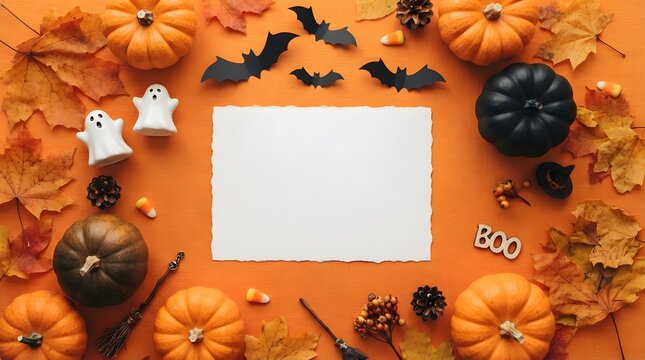 Halloween flat lay with pumpkins, ghosts, and autumn leaves