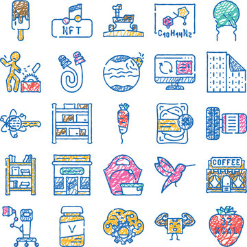 Vibrant collection of sketchy doodle icons depicting various abstract concepts, showcasing aspects of technology, lifestyle, food, and modern digital trends