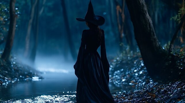 Witch standing by dark river in spooky forest