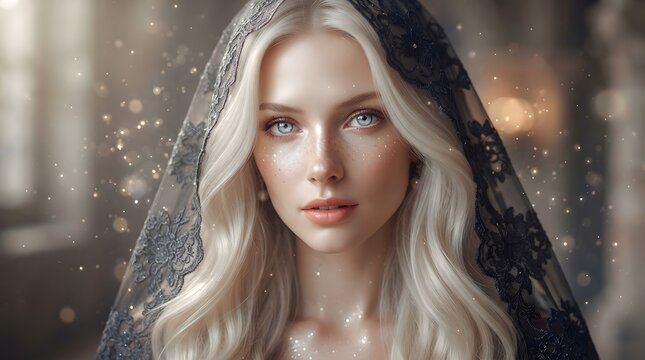 Ethereal portrait of a beautiful woman with blonde hair and veil