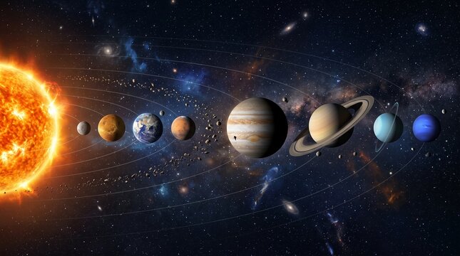A breathtaking cosmic perspective showcasing the solar system with the sun and its planets gracefully orbiting