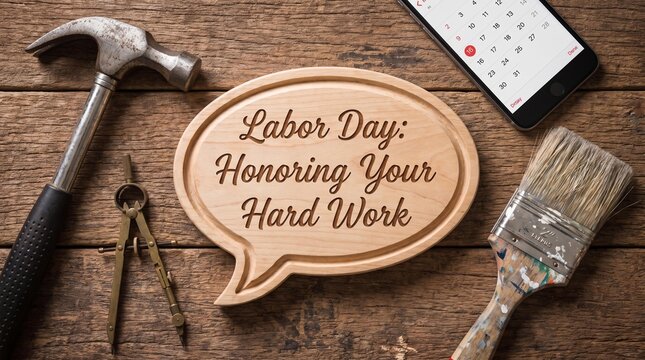 Labor day message on wood plaque with hammer and brush