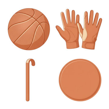 Set di icone vettoriali raffiguranti un pallone da basket, un paio di guanti sportivi, un bastone da passeggio e un disco circolare su sfondo bianco isolato per design grafici.