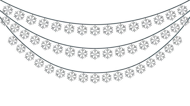 Ghirlanda decorativa con fiocchi di neve stilizzati appesi su tre fili curvi, illustrazione vettoriale minimalista isolata su sfondo bianco per design natalizio e invernale.