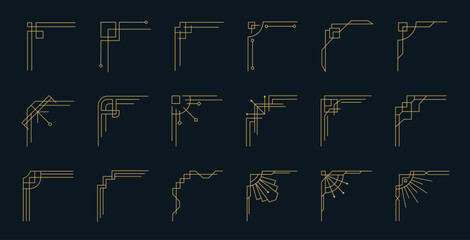 Fototapeta na wymiar Art deco golden corner ornaments set, vintage geometric line borders and elegant luxury decorative frame elements for invitations and menus. Isolated vector set