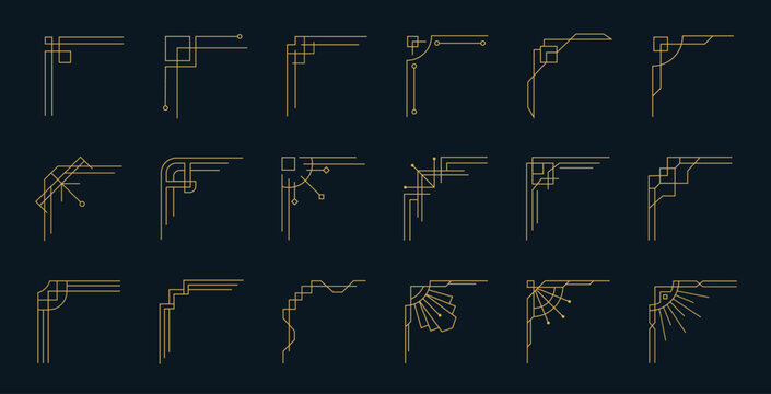 Art deco golden corner ornaments set, vintage geometric line borders and elegant luxury decorative frame elements for invitations and menus. Isolated vector set