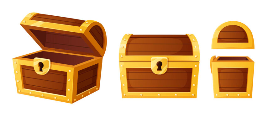 Treasure chest cartoon vector set with open and closed wooden pirate boxes, golden locks and empty storage trunks for adventure game assets, fantasy rewards, icons and app design. Isolated vector set