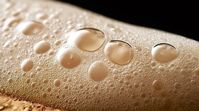 Macro view showing beer foam and water droplets